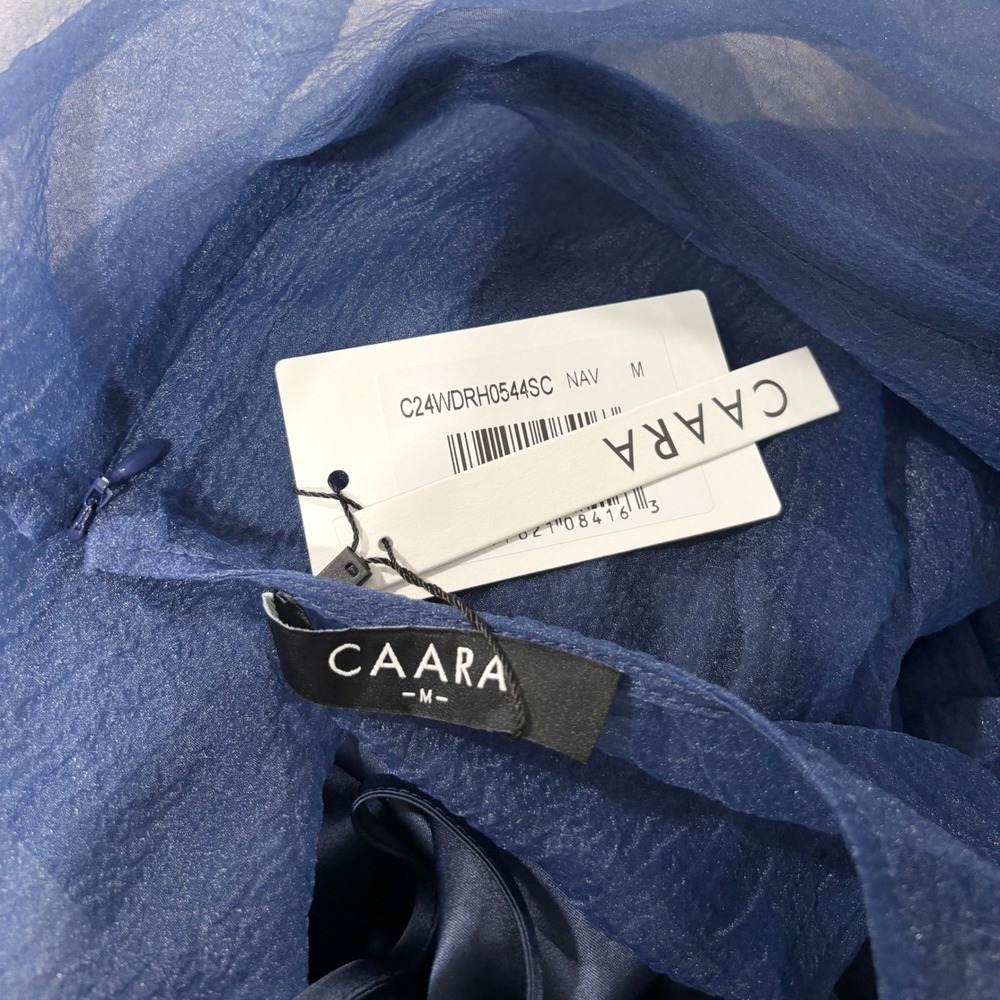 NWT CAARA Melody Tie Neck Organza Ruffle Hem Dress Navy Blue - Size Medium - Picture 14 of 14